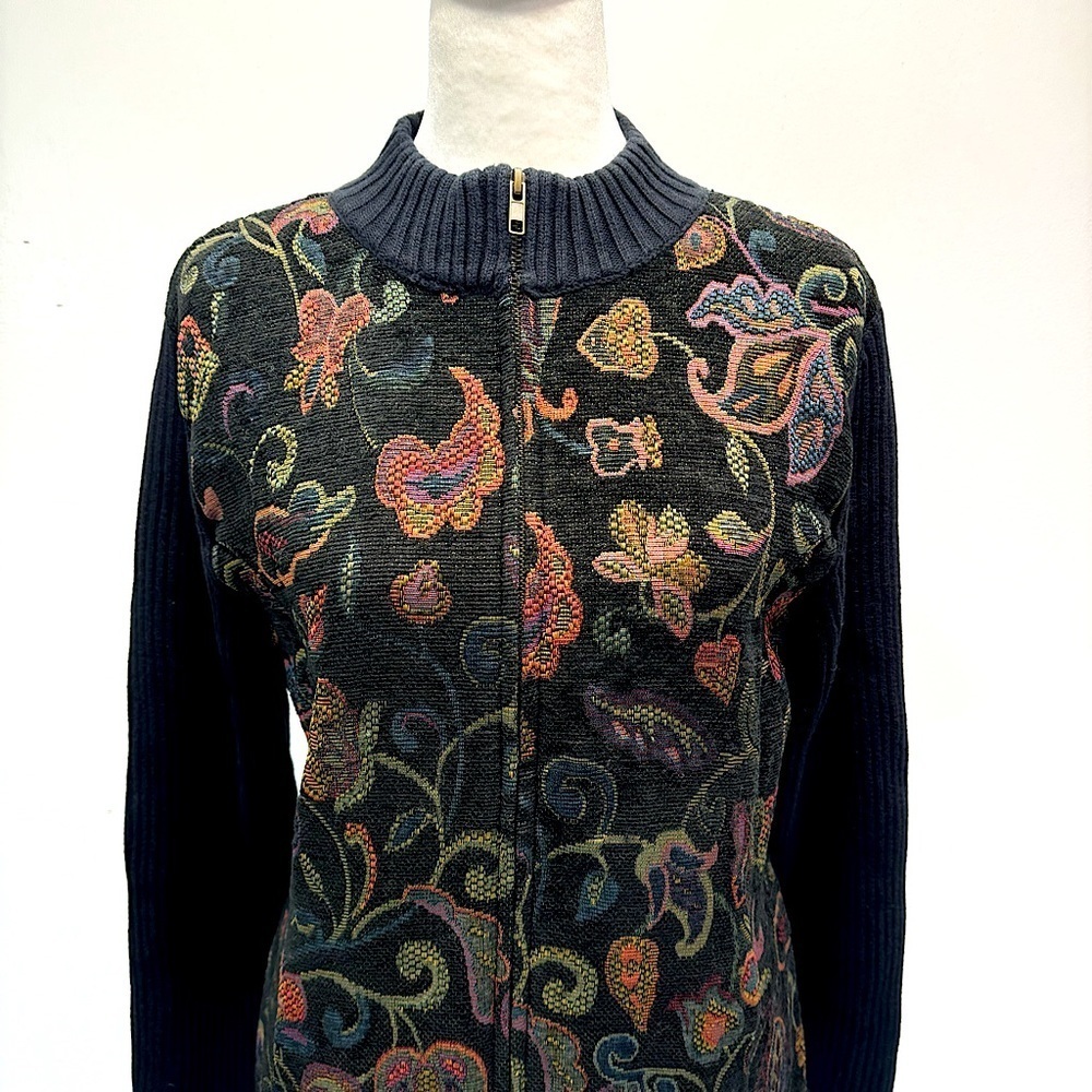 Christopher & Banks Black Ribbed w Jewel Tone Jacquard Floral Zip Front Cardigan - Picture 2 of 12